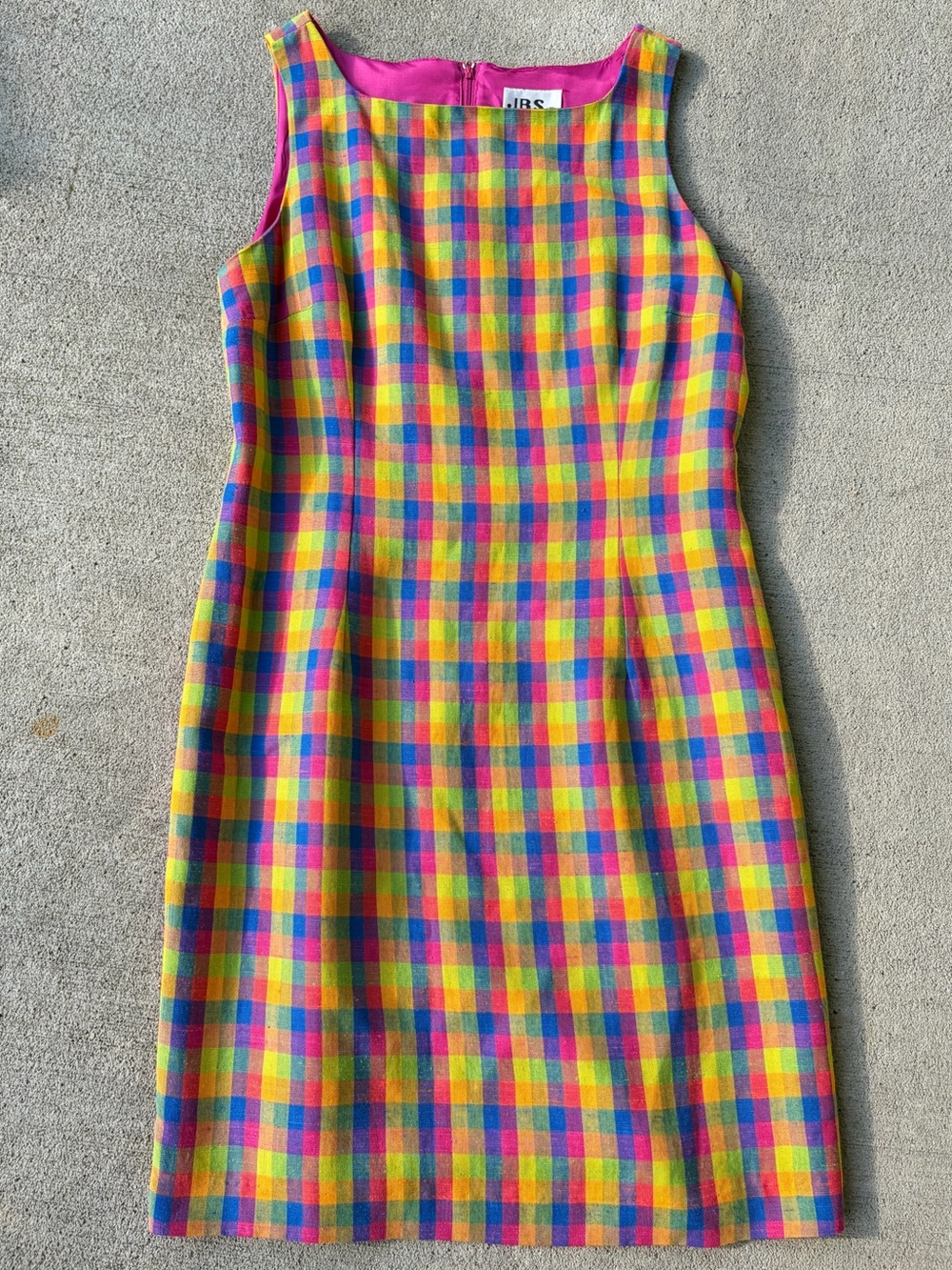 Vintage 90s JBS vibrant multi color plaid pattern sleeveless shift dress gingham